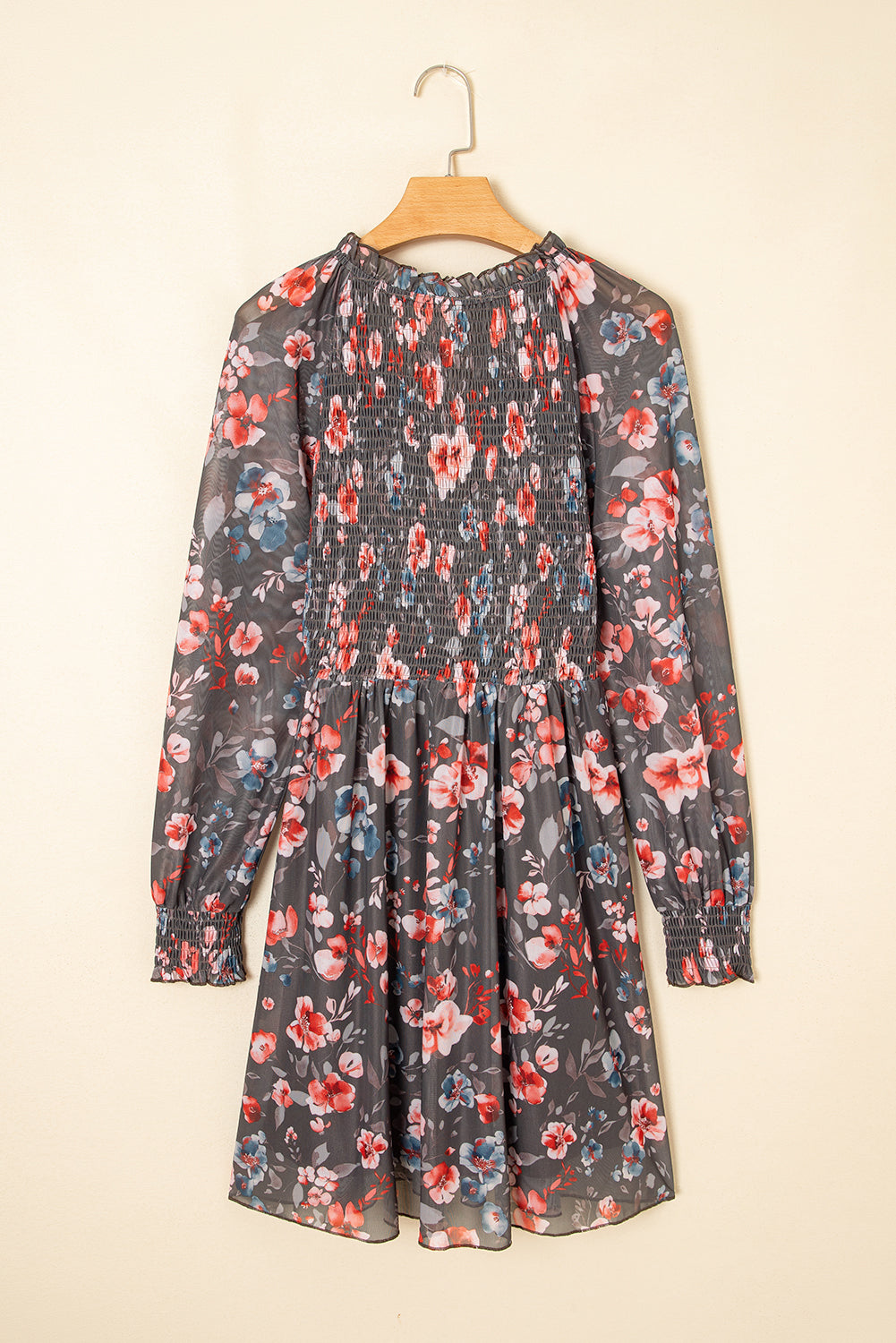 Brown Frilly Smocked Bodice Floral Mesh Long Sleeve Mini Dress